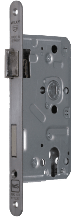 Einsteckschloss mit abschließbarer Falle dient als Sicherheitschloss für die Tür. Im Bild ist ein Produkt von Wilka zu sehen mit einem VDS Siegel.